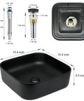 Square Vessel Bathroom Sink 15 By 15 Inches Black Ceramic Vanity Basin With Pop Up Drain Above Counter Modern Vessel Sink For A Sleek Contemporary Bathroom Upgrade showing dimensions and components.