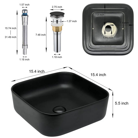 Square Vessel Bathroom Sink 15 By 15 Inches Black Ceramic Vanity Basin With Pop Up Drain Above Counter Modern Vessel Sink For A Sleek Contemporary Bathroom Upgrade showing dimensions and components.