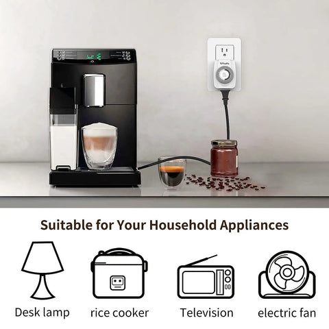 Indoor Mechanical Timer For Electrical Outlets 2 Prong Plug In Outlet Daily Repeating Light Timer With 48 On Off Settings In 24 Hours ETL Listed 2 Pack Compact Design With Underside Output Ports For Space Saving, installed in kitchen setting next to coffee machine and household items.