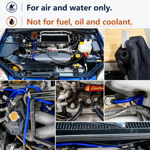 Solid Black Silicone Vacuum Hose Kit With 6 PCS Assorted Diameters Including 3M 4M And 10M Plus 5M 8M And 6M Sizes Each Measuring A Full 10 Feet Long For Heavy Duty Automotive And DIY Projects Using Premium Raw Materials That Stay Flexible. Black silicone vacuum hose used on an engine bay, for air and water only.