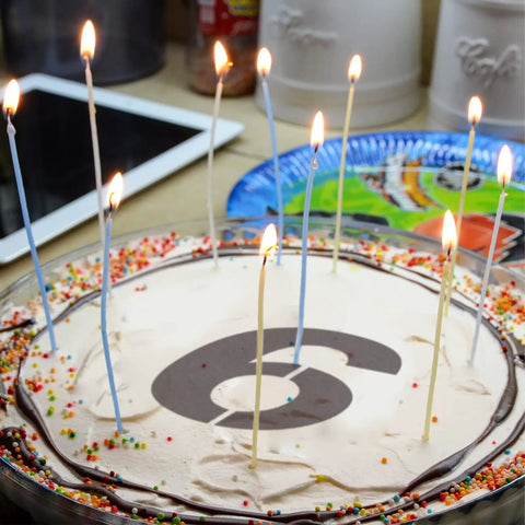Birthday cake with a '6' from the 12 Inch Large Number Stencils Set With 0 To 9 Reusable PET Plastic Templates, candles lit.