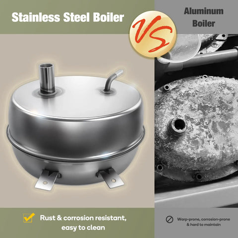 Comparison of stainless steel boiler and aluminum boiler showing durability and ease of cleaning. Heavy Duty Steam Crusher Blasts Through Gunk Stat With Five Bar Pressure And Industrial Stainless Boiler Ships Ready With A Twenty Piece Accessory Kit To Handle Every Mess Today.