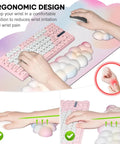 Rainbow Cloud Mouse Pad Set With Keyboard Wrist Rest And Mouse Wrist Pad Waterproof Large Desk Pad For Keyboard And Mouse Ergonomic 35.4 By 15.7 Inch Wrist Support Must Have Colorful Rainbow Office Accessory shows ergonomic design reducing wrist pain.