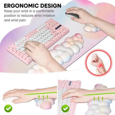 Rainbow Cloud Mouse Pad Set With Keyboard Wrist Rest And Mouse Wrist Pad Waterproof Large Desk Pad For Keyboard And Mouse Ergonomic 35.4 By 15.7 Inch Wrist Support Must Have Colorful Rainbow Office Accessory shows ergonomic design reducing wrist pain.