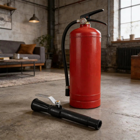 Top Shelf Fire Extinguisher Discharge Nozzle Hose With Instant Swap Spray Tip built tough, showing a red extinguisher and black nozzle.