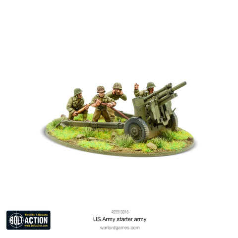 Miniature US Army soldiers with artillery piece from Bolt Action US Army Starter Set One To Fifty Six Scale WWII Wargaming Kit.