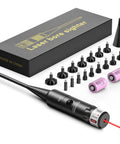 Bright Red Laser Bore Sight Kit With Big Button Switch For 17 To 12 Gauge Caliber with adapters and batteries displayed