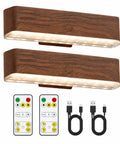 Axmvez Rechargeable Wall Sconces Set of 2, Battery Operated Cordless Picture Lights with Remote, Touch Control, 3 Colors, Dimmable Magnetic Wood Grain Lamps for Bedroom and Artwork with two remotes and USB cables.