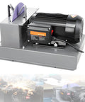 Heavy Duty Lawn Mower Blade Sharpener Bench Grinder with steel frame, dual ceramic wheels, and powerful motor for precision sharpening.