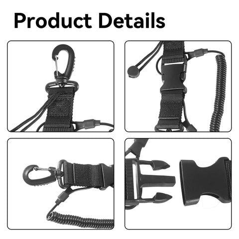 2 Pack Coiled Scuba Diving Lanyards With Quick Release Buckles, Ideal For Dive Cameras And Lights, black webbing strap detail