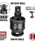 Detail of Beefy Forty Piece Impact Socket Set With Three Eighth Inch Drive, highlighting detent ball and 360 swivel feature.