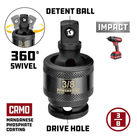 Detail of Beefy Forty Piece Impact Socket Set With Three Eighth Inch Drive, highlighting detent ball and 360 swivel feature.