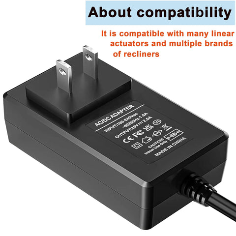 Universal 29V 2A Recliner Power Supply For Direct Wall Plug Use With AC DC Switching Adapter Plug And Play Ready For Major Sofa Motors And Top Furniture Brands Easy Replacement And Reliable Performance, 29V DC 2A wall-plug adapter