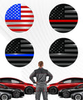 4 Piece 56 Mm Us Flag Wheel Center Caps 3D Black Metal Rim Hub Covers shown from different angles and designs.