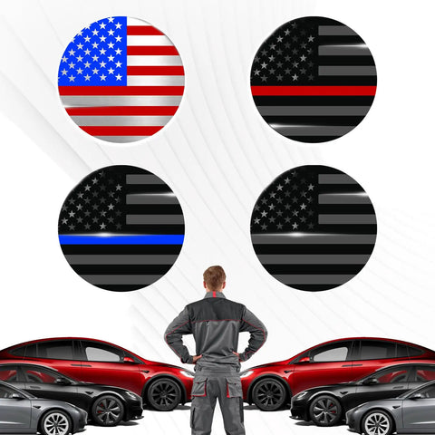 4 Piece 56 Mm Us Flag Wheel Center Caps 3D Black Metal Rim Hub Covers shown from different angles and designs.