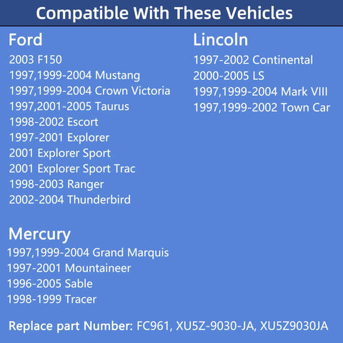 Compatibility list for Fuel Cap Replacement For Ford Lincoln Mercury Vehicles Including F150 Mustang Crown Victoria Explorer FC961