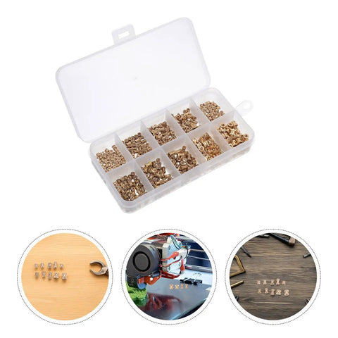 Solid 500 Pack Brass Knurled Threaded Inserts For M2 And M3 Metric Screws in clear storage box, perfect for DIY and industrial use.