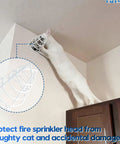 Heavy Duty White Fire Sprinkler Head Guard Cover 4 Pack Protects One Half And Three Quarter Inch Heads With Dead Simple No Sweat Installation And Six Inch Deep Cage For Paint Safety And Ceiling Protection During Renovations, installed near a cat on ceiling.