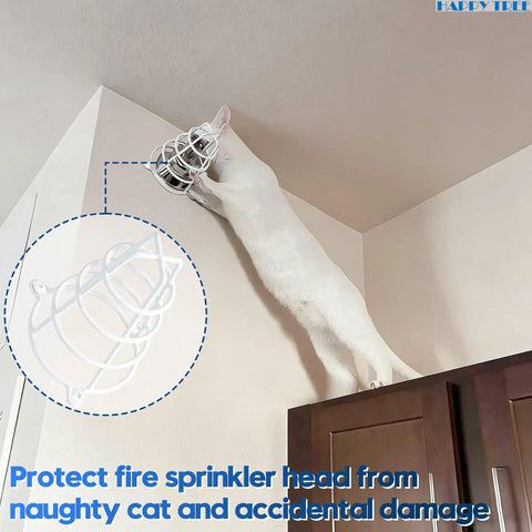 Heavy Duty White Fire Sprinkler Head Guard Cover 4 Pack Protects One Half And Three Quarter Inch Heads With Dead Simple No Sweat Installation And Six Inch Deep Cage For Paint Safety And Ceiling Protection During Renovations, installed near a cat on ceiling.
