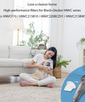 Woman with pet on carpet, inset of vacuum and Six Pack Replacement Filters For Dustbuster QuickClean Cordless Handheld Vacuum HNVC215B10