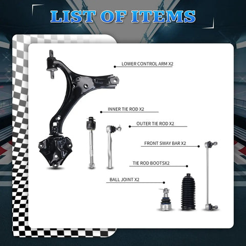 Diagram of 12 Piece Front Suspension And Steering Kit With Lower Control Arms And Ball Joints Sway Bar Links And Tie Rod Boots