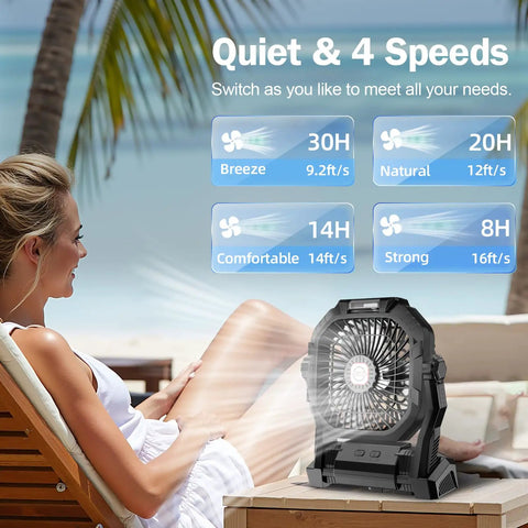 Rechargeable Camping Fan With 20000mAh Battery, LED Light, four speed settings, used beachside by a woman on a sunbed.