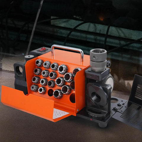Heavy Duty Drill Bit Sharpener For Professionals And DIY Heroes, showing 18 collets and adjustable components for precision grinding.