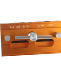 Self Centering Doweling Jig With Aluminum Alloy Guide Bushings For Precise Woodworking Joints And Furniture Assembly 64mm Width Pro Grade Quality Includes Multiple Bushing Sizes And Wood Punch Locator, front view