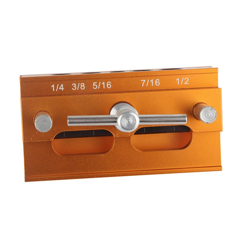 Self Centering Doweling Jig With Aluminum Alloy Guide Bushings For Precise Woodworking Joints And Furniture Assembly 64mm Width Pro Grade Quality Includes Multiple Bushing Sizes And Wood Punch Locator, front view