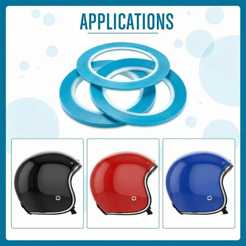 Vinyl Pinstripe Masking Tapes Six Pack High Temp Low Tack Automotive Painter Tape shown with painted helmets.