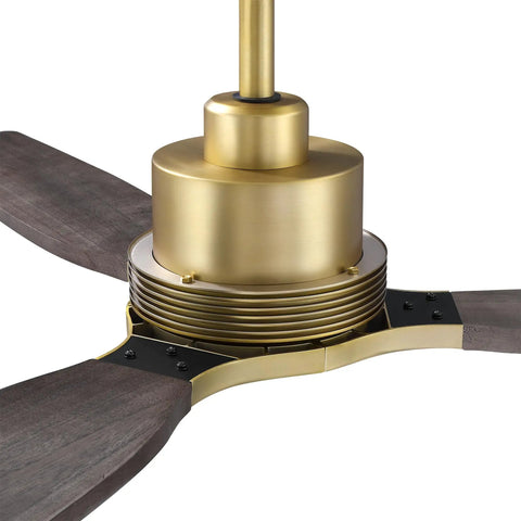 Close-up of 56" Soft Brass Chandelier Ceiling Fan showcasing gold-finished iron body and solid wood blades.
