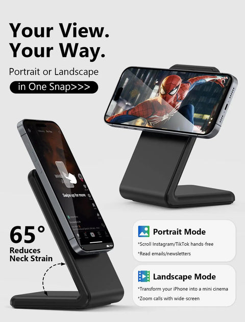 Fast Magnetic Wireless Charger Stand For iPhone 12 Through 17 Series With MagSafe, Quick Snap Alignment in sleek black