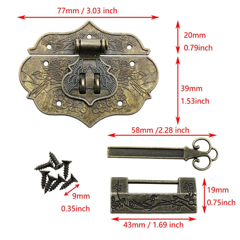 Vintage Flower And Bird Padlock Kit With Toggle Latch Hasp for Cabinets and Toolbox, decorative zinc alloy lock system with key.