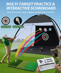 All In One 10x7ft Golf Practice Net Set With Foldable Tri Turf Hitting Mat in backyard with interactive scoreboard visible