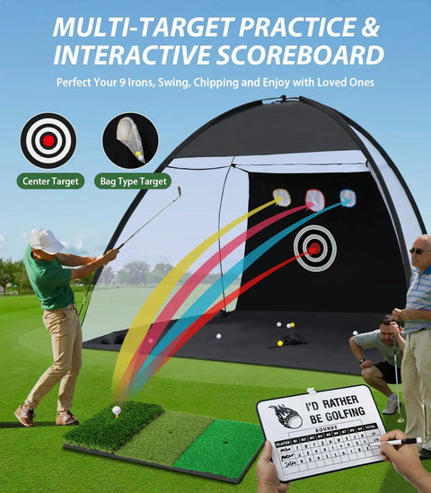 All In One 10x7ft Golf Practice Net Set With Foldable Tri Turf Hitting Mat in backyard with interactive scoreboard visible