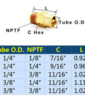 Push To Connect Pneumatic Fittings Set 1/4 Inch Tube OD To 1/8 Inch NPT Male shown with size chart and dimensions in brass