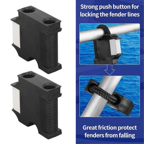 Two black plastic boat fender hanger clips for 1in rails; quick-connect rail cleats