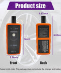 Pro Grade TPMS Relearn Tool For Tire Pressure Monitoring System Sensors Activation And Auto Program Reset Built Super Tough, shown in front and back view with size details.