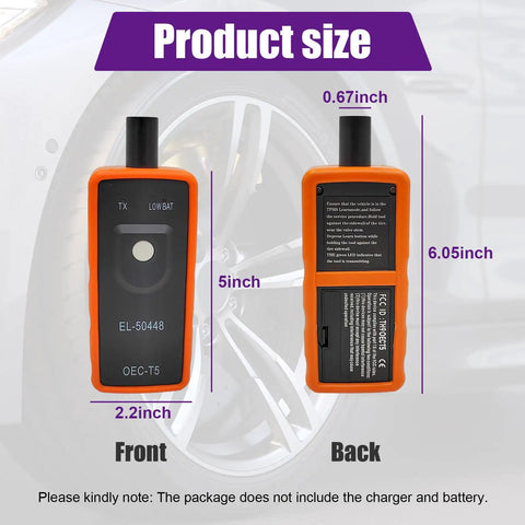 Pro Grade TPMS Relearn Tool For Tire Pressure Monitoring System Sensors Activation And Auto Program Reset Built Super Tough, shown in front and back view with size details.