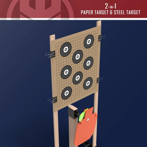 Heavy Duty AR500 Steel Hostage Target Stand System, Twelve By Twenty Inch Target with extendable paper targets and hanger.