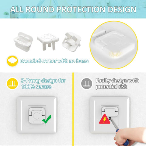 Baby Proof Outlet Covers 60 Pack For Kid Safe Sockets And Home Electrical Protection, Easy Access To Outlets Without Exposing Tiny Fingers, Prevent Power Shocks, Child Proof Plug Protectors For Nurseries And Living Rooms showing 3-prong design with secure installation.