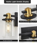 Three Light Black And Gold Bathroom Vanity Light Fixtures Over Mirror With Clear Glass Shade details with gold lampholder