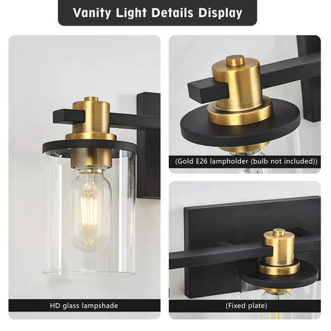 Three Light Black And Gold Bathroom Vanity Light Fixtures Over Mirror With Clear Glass Shade details with gold lampholder