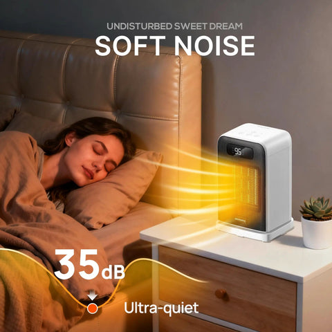 Cozy Up Quick Heat Space Heater With Dual 1500 And 900W Power illuminating next to a sleeping person on a nightstand.