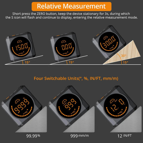 Heavy Duty Digital Angle Finder With LED Rechargeable Power And Slick Magnetic Base For Dead On Accuracy Measuring IP54 Waterproof, showing relative measurement features.