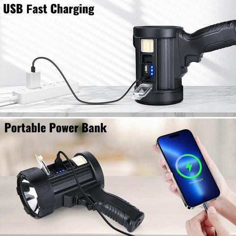 Rechargeable Spotlight 2 Million Lumens Handheld Searchlight With Solar Panels for outdoor USB-C fast charging and power bank use