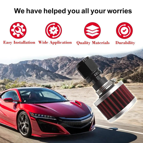 18mm Fuel Cell Breather Vent With 10AN Female Fitting And Air Filter Rebuild Kit displayed beside a red car on desert road.
