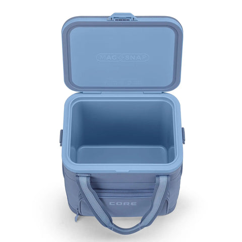 Open blue MagSnap Magnetic No Zip Soft Cooler for 24 Cans With Insulated Hard Liner Ice Chest showing interior