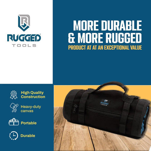 Titan23XL Tool Roll And Organizer Bag With 23 Pockets, black canvas, rolled on wooden surface next to Rugged Tools logo.