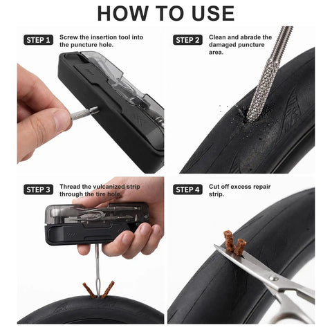 Step-by-step tire repair using Compact Bike Repair Tool Kit With Flip Case L Ball End Hex Wrench 7 S2 Bits Tire Levers Tubeless Tire Plug Strips For Road Mountain And Gravel Bikes Ride Ready Portable Maintenance Set.